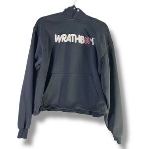 WRATHBOY Sz Medium Graphic Hoodie Distressed Cropped Raw‎ Hem Grunge Distressed